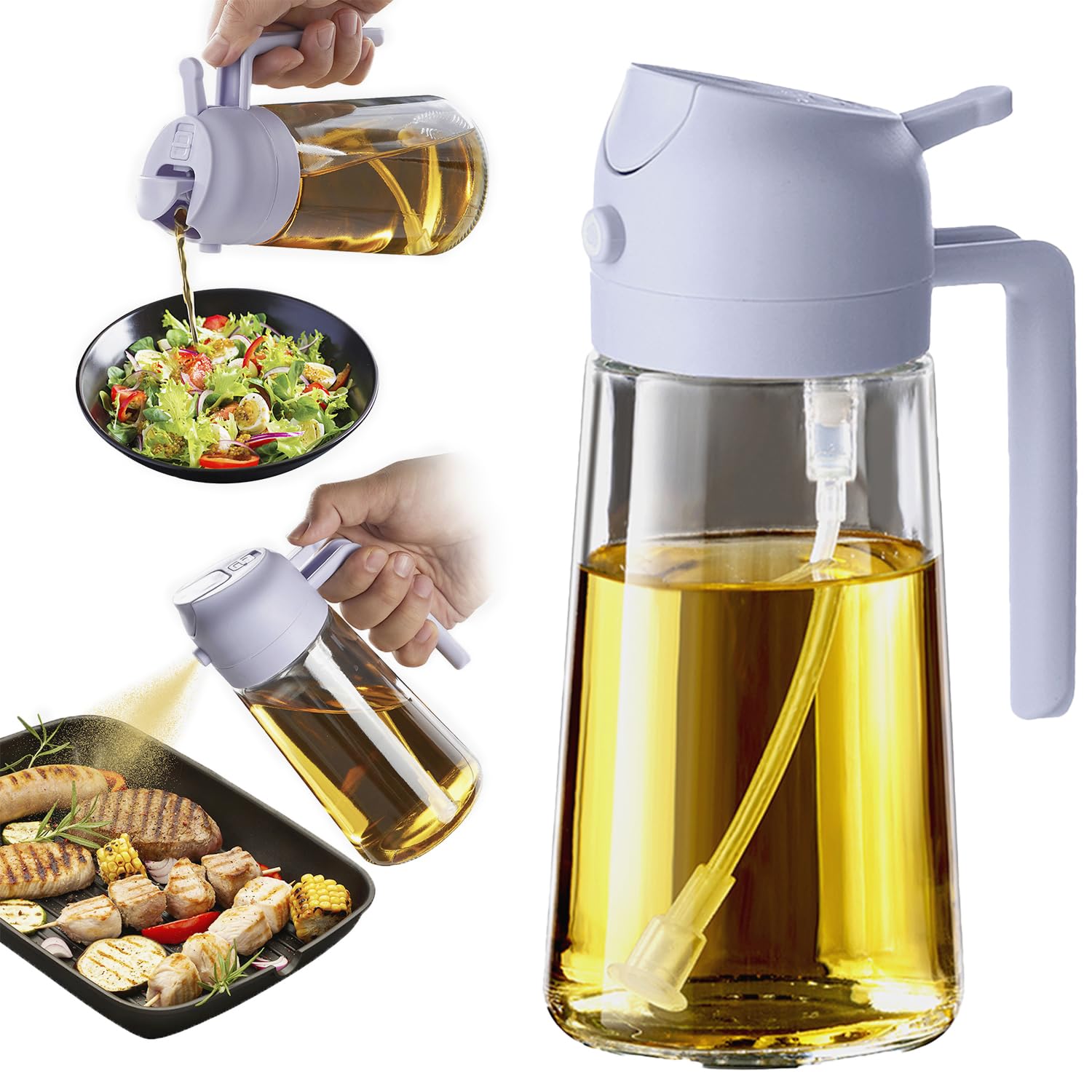 TrendPlain 16oz/470ml Glass Olive Oil Sprayer for Cooking - 2 in 1 Olive Oil Dispenser for Kitchen Gadgets, Air Fryer, Salad, and BBQ - Black